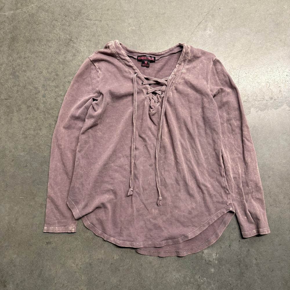 Rock and Roll Cowgirl Womens Purple Mineral Wash Lace Up V-Neck Top Medium